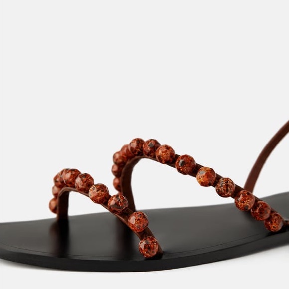 ZARA LEATHER BEADED FLAT SANDALS BRAND NEW WITH TAGS & BOX US 8 EUR 39 BROWN - Picture 5 of 6